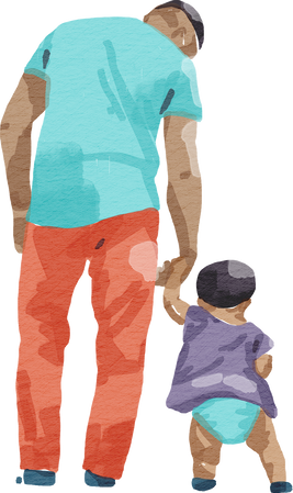 Watercolor Father Walking with His Toddler