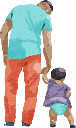 Watercolor Father Walking with His Toddler